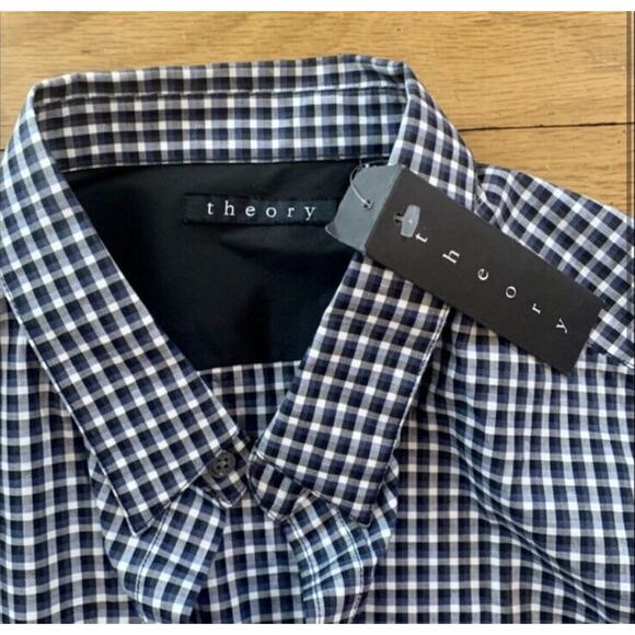 Theory Zach PS Delridge Button Cotton Shirt XL Long Sleeve Blue Black Plaid New - Picture 2 of 8